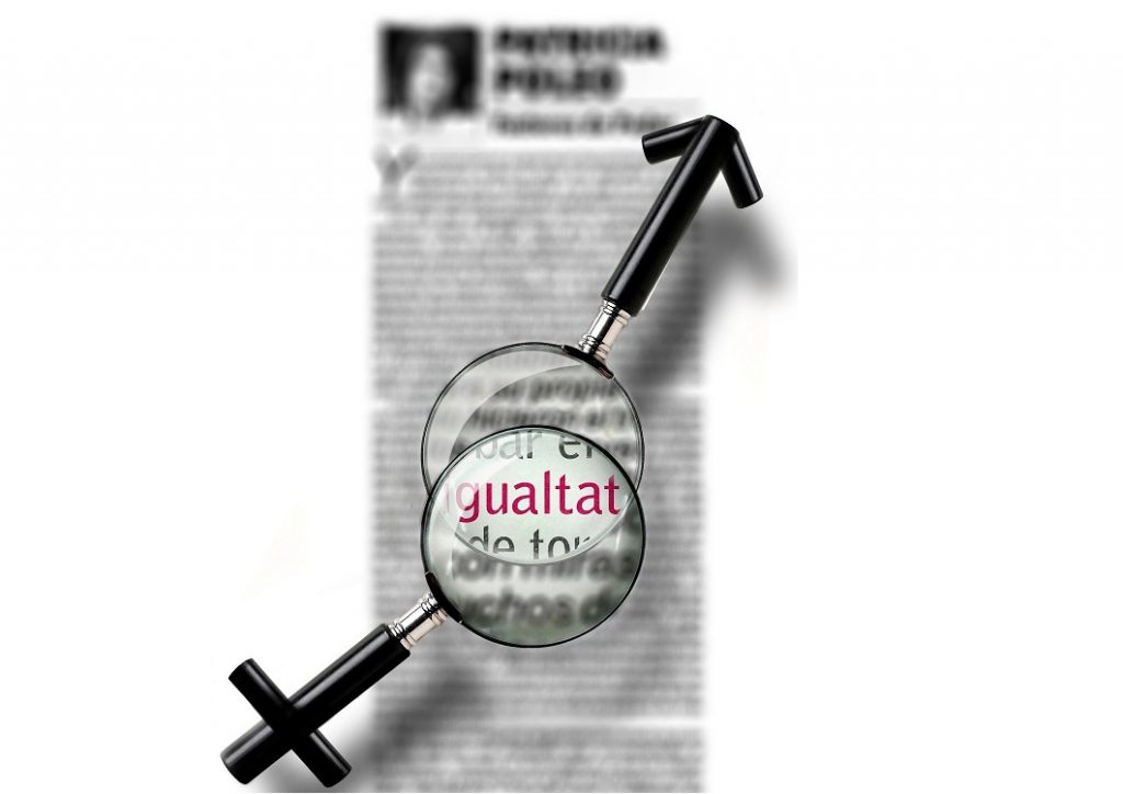 Dos lupes sobreposades que augmenten la paraula Igualtat